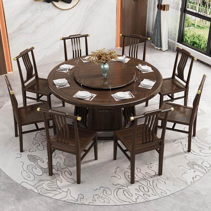 新中式餐桌椅子乌金木小户型家用客厅圆形带转盘旋转圆盘实木圆桌