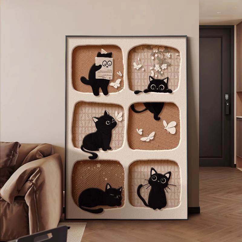 中古风猫咪客厅装饰画复古卡通沙发背景墙落地画壁画玄关走廊挂画图片