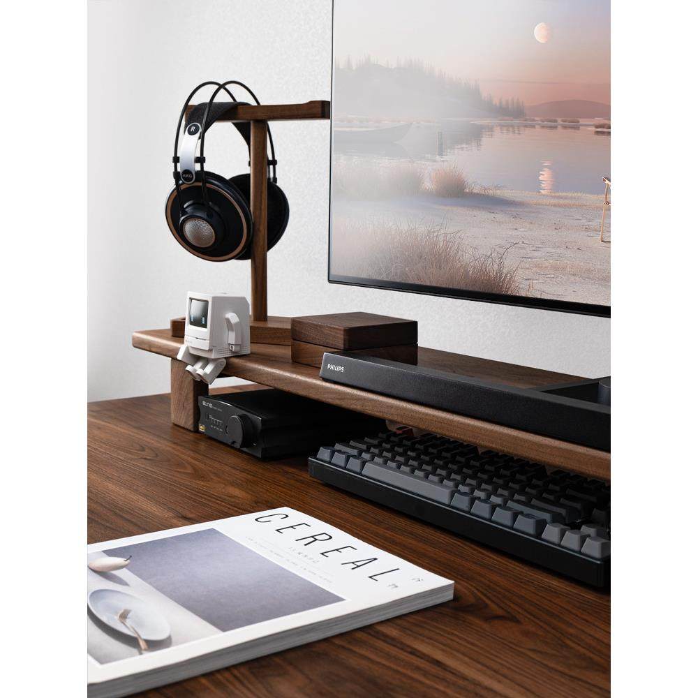 显示器增高架黑胡桃木实木电脑桌面垫高收纳架置物架桌搭好物定制