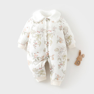婴儿A类冬季棉服女宝宝夹棉200g加棉加厚连体秋冬装哈衣连体爬服