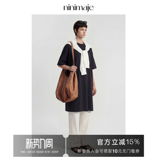 长裙 阔版 NANBEIBEI南北贝黑色宽松针织纯棉连衣裙女春季 纯色短袖