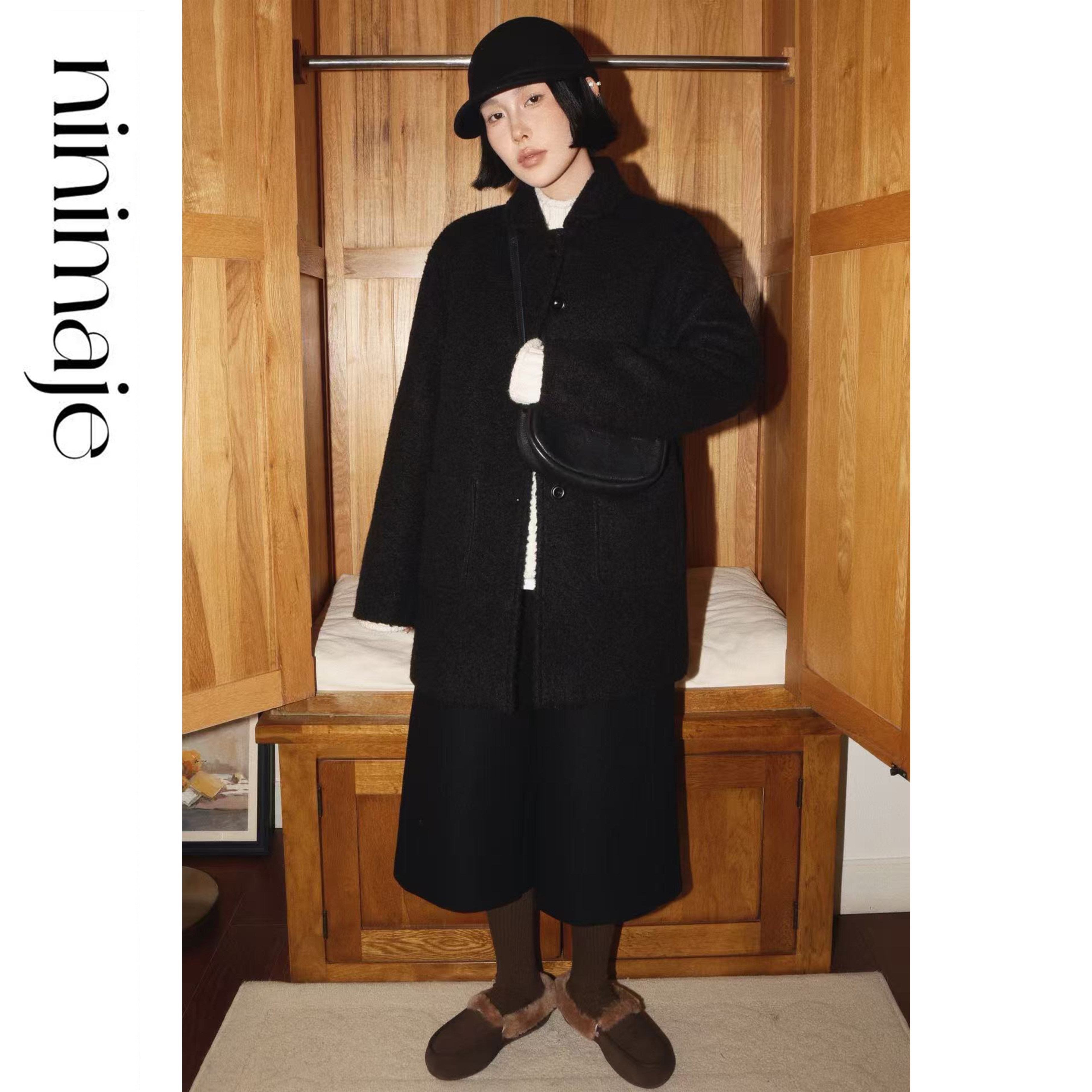 NANBEIBEI南北贝'娃娃领外套'黑色毛呢大衣女冬季新款加厚保暖过