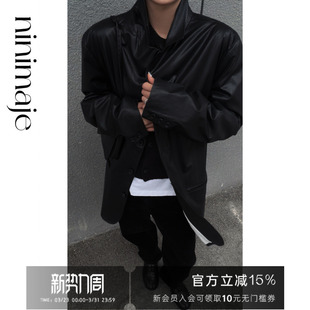 NANBEIBEI南北贝西装 PU皮高定复古口袋纽扣 纸感皮衣外套女春季