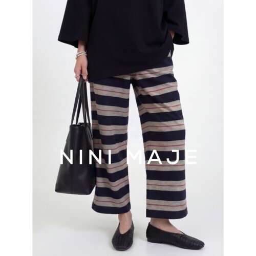 藏青色条纹宽松休闲裤女复古撞色
