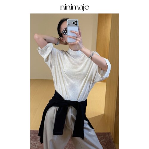 麻色定织亚麻天丝后拉链宽松t恤