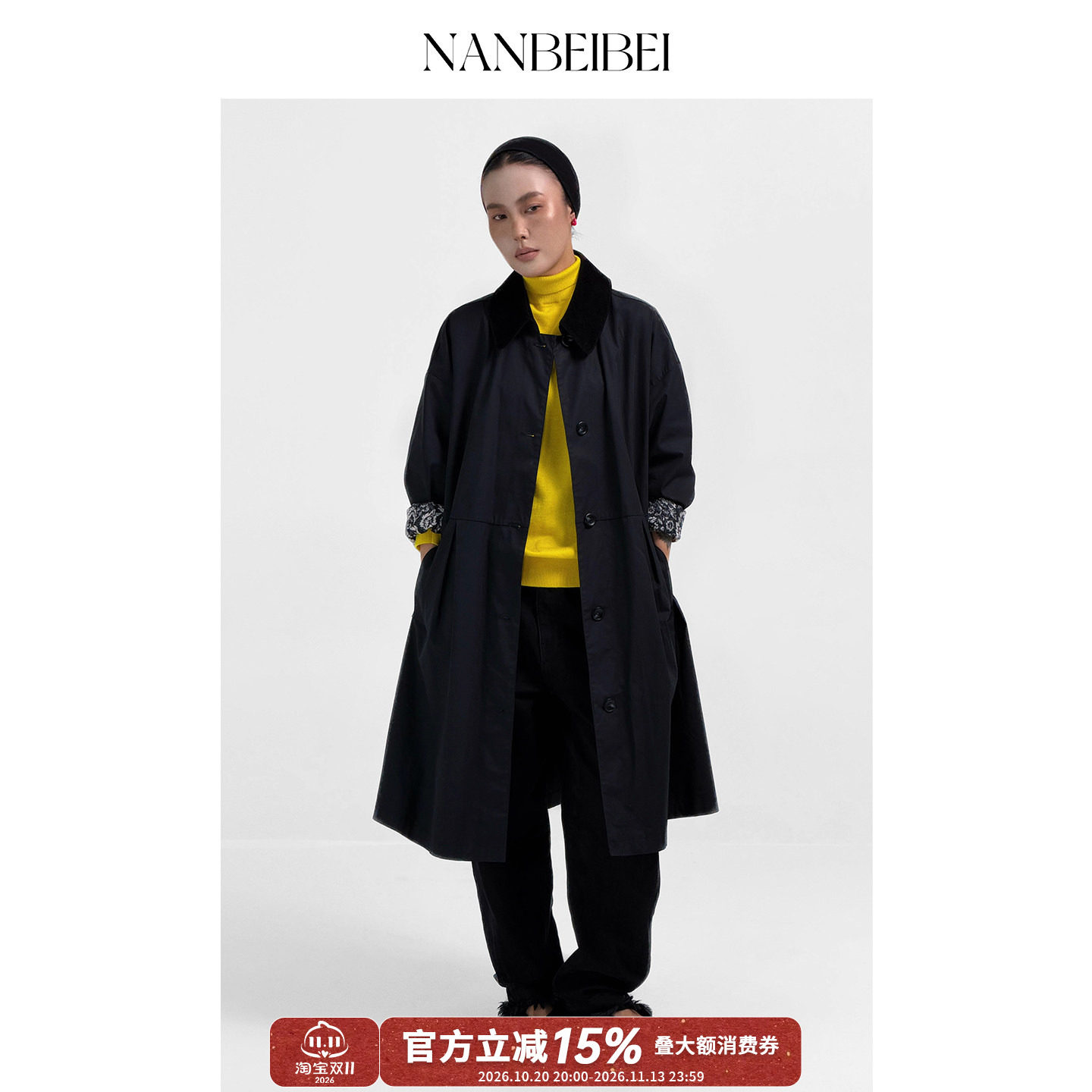 NANBEIBEI南北贝黑色风衣外套女春季新款宽松翻领单纽扣长款