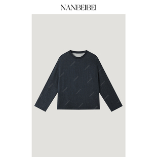 NANBEIBEI南北贝 女款秋季深蓝色棉麻长袖上衣宽松舒适圆领T恤