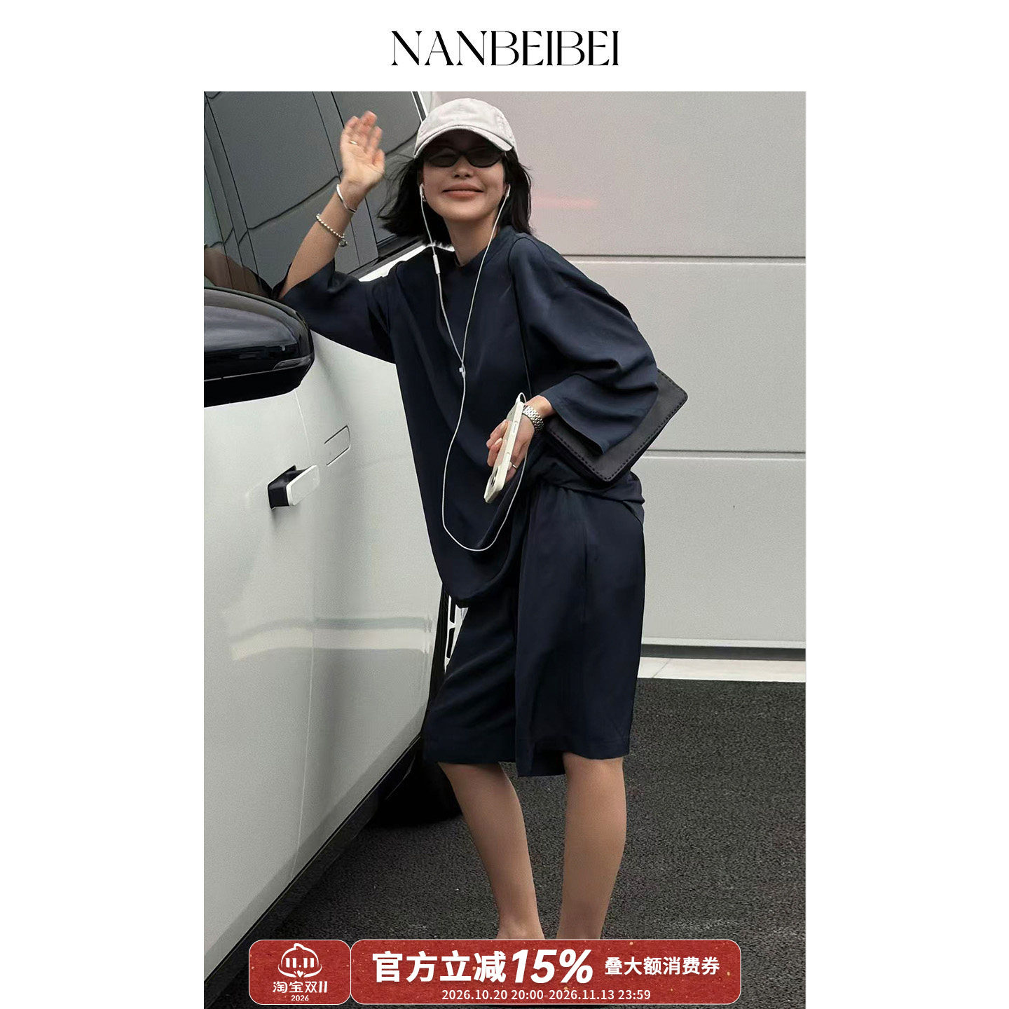 NANBEIBEI南北贝女复古运动休闲五分裤夏季新款时尚宽松醋酸短裤