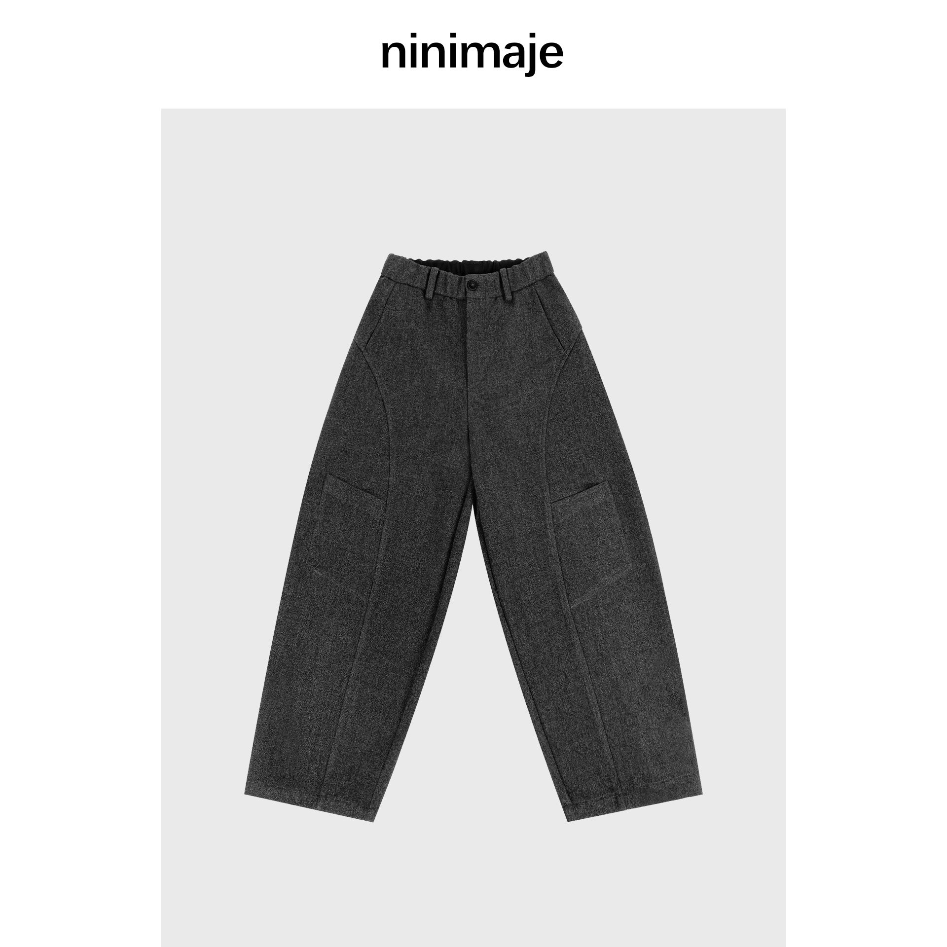 NANBEIBEI南北贝灰色羊毛呢工装裤女高腰加厚休闲多口袋九分裤