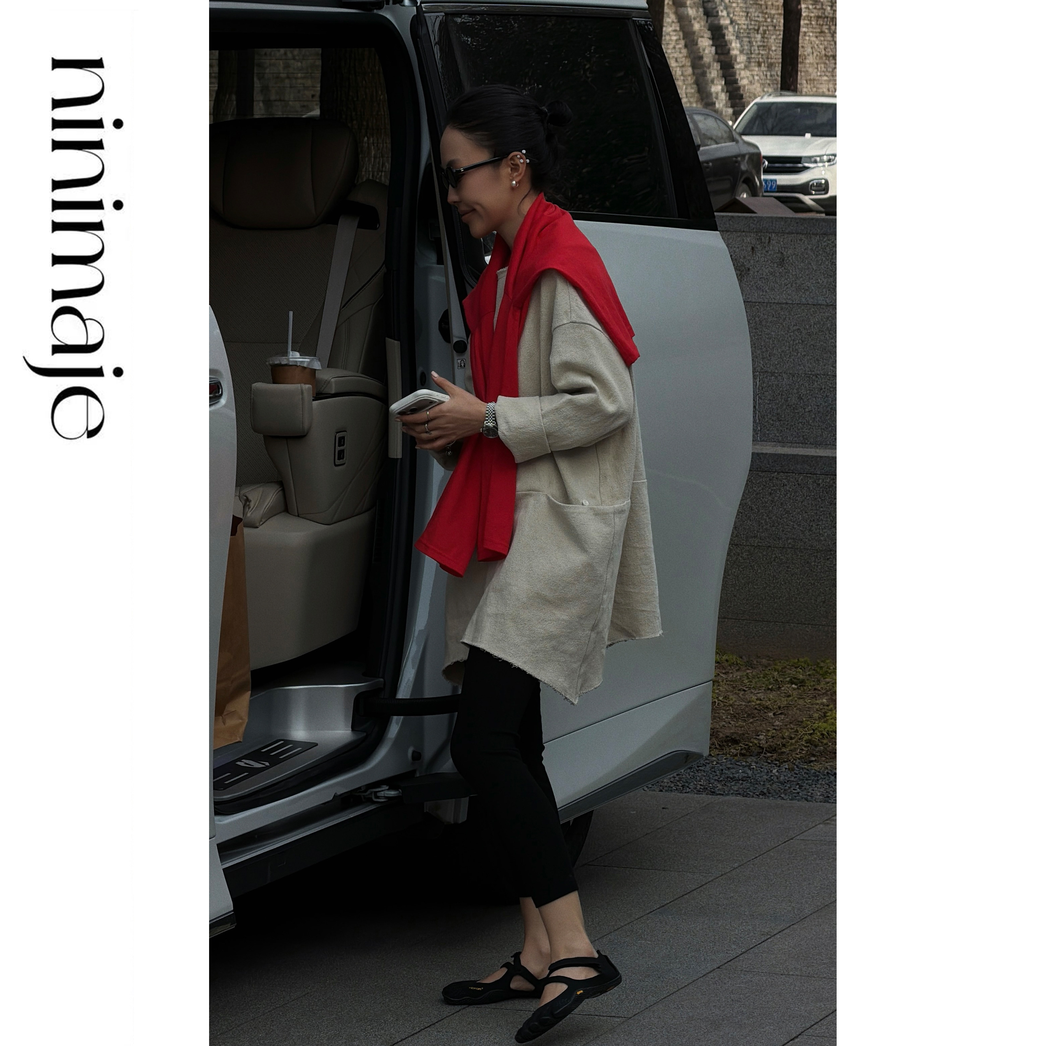 NANBEIBEI南北贝&lsquo;棉麻套头外套&rsquo;女士重磅毛边下摆口袋长款上衣