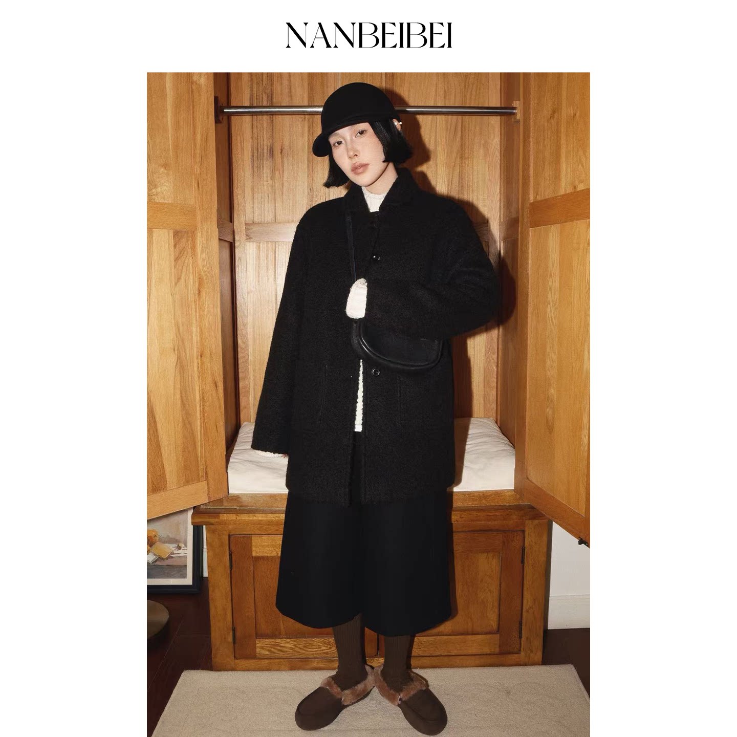 NANBEIBEI南北贝'娃娃领外套'黑色毛呢大衣女冬季新款加厚保暖过