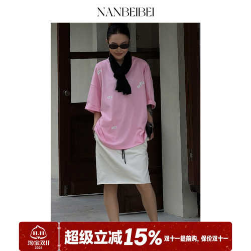 南北贝简约宽松粉色短袖T恤女