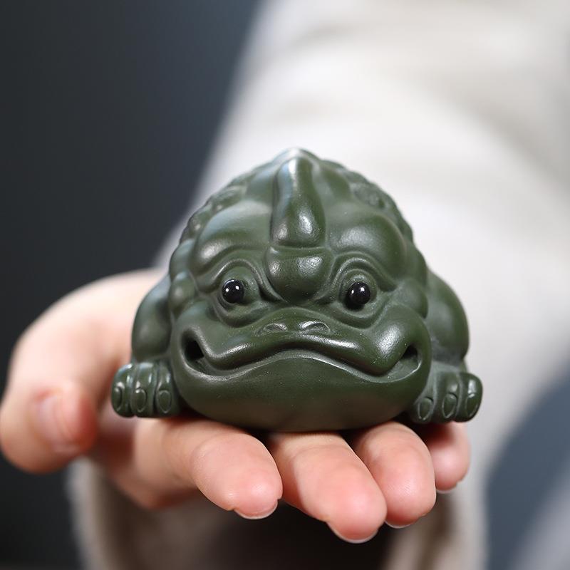 宜兴紫砂茶宠貔貅民国绿泥金如意金蟾雕塑茶具茶盘工艺品摆件