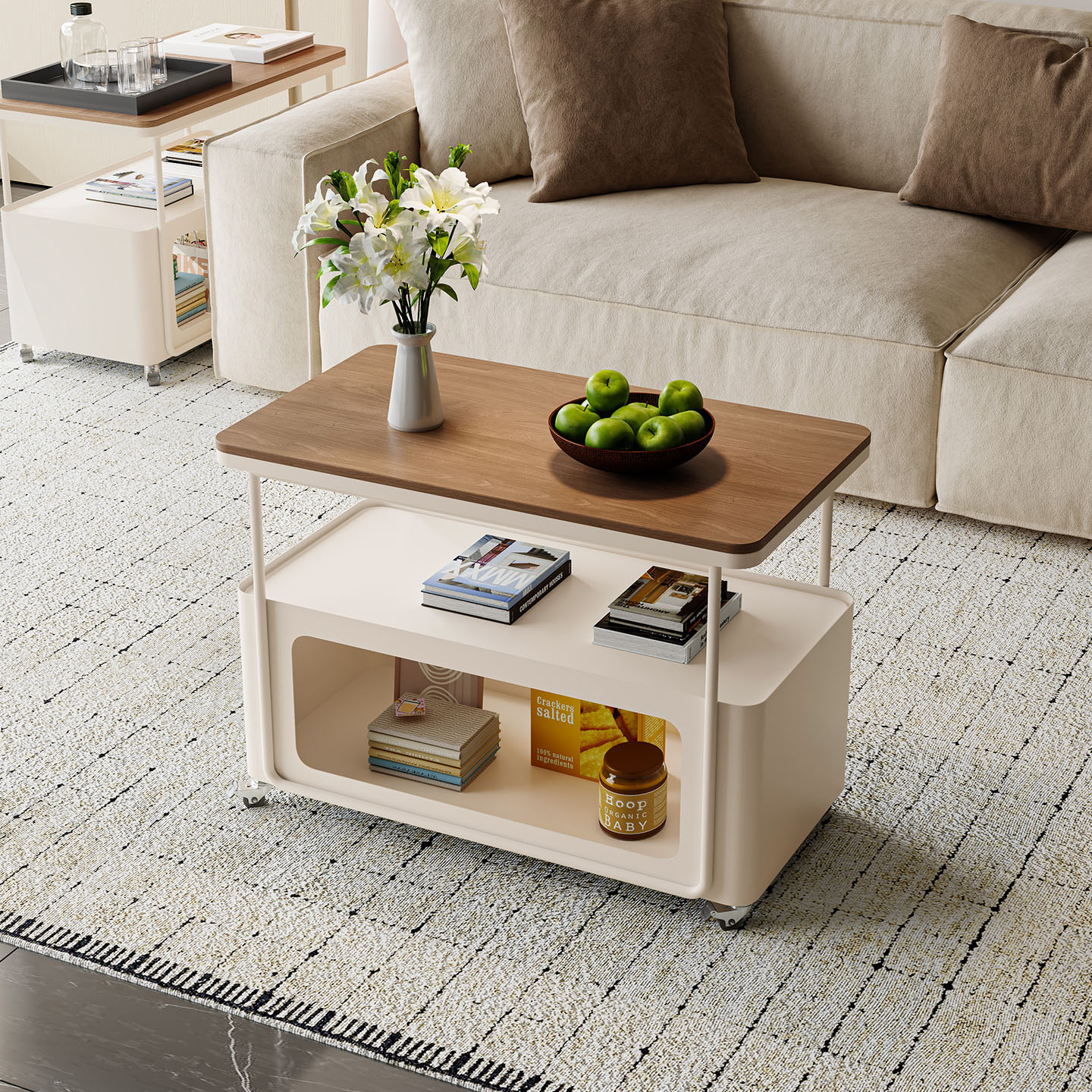 奶油风可移动客厅沙发岩板边几