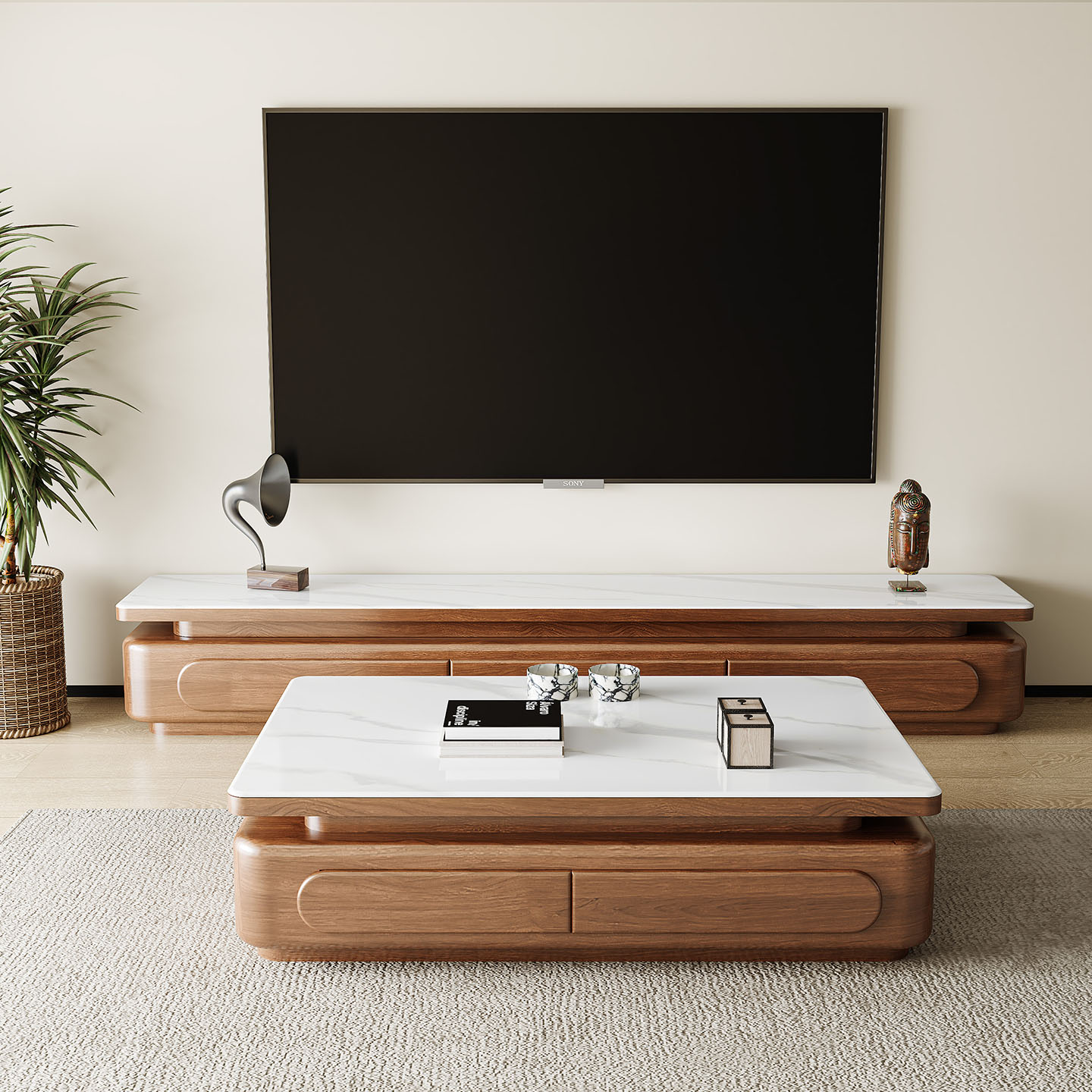 新中式中古风胡桃色实木茶几简约现代客厅家用电视柜岩板茶几组合