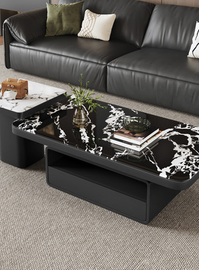 轻奢高级感微晶石茶几组合家用黑色极简长方形岩板茶几桌设计师款