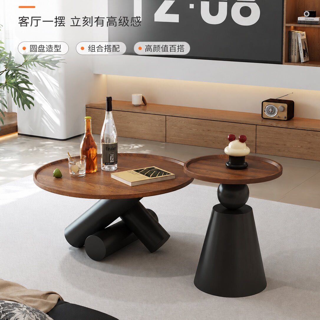 茶几国家补贴中古风实木圆形茶几图片