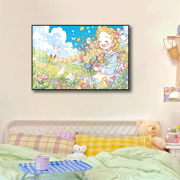 多巴胺人物客厅装饰画治愈系花卉餐厅壁画卡通女孩卧室儿童房挂画图片