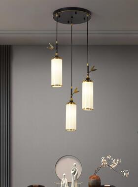 现代新中式中国风竹叶全铜楼梯间长吊灯餐厅LED复式楼书房装饰灯