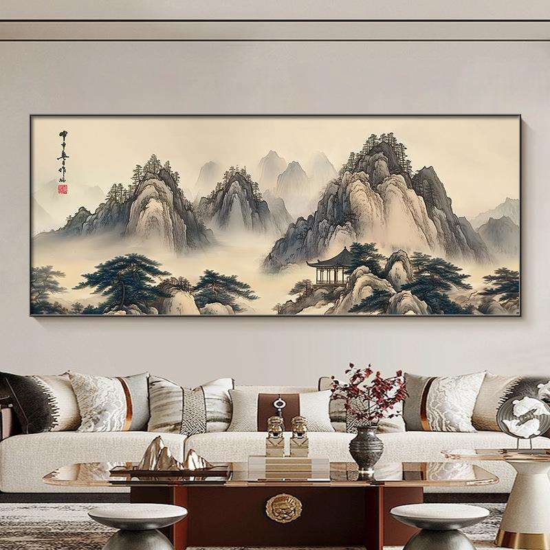 背景有新无水客厅高端沙发有山挂画挂画中式办公室背后靠山装饰画