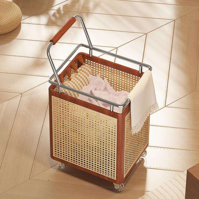 藤编脏衣篓家用落地小推车高颜化妆室脏衣篮大容量带轮衣服收纳筐