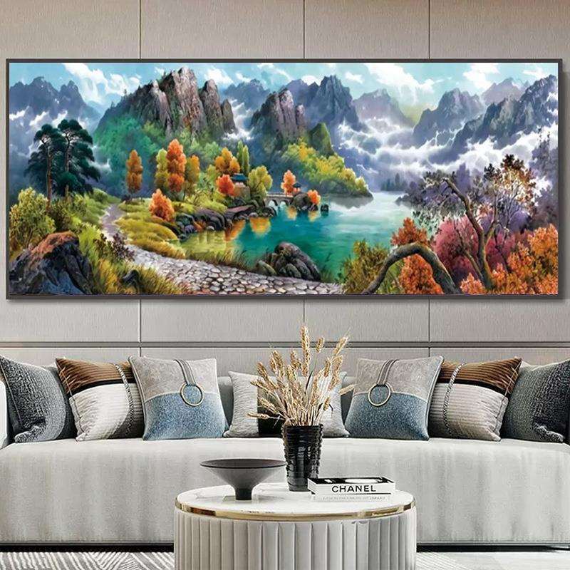 贴钻十字绣新款流水生财聚宝盆风景画山水画客厅大幅钻石画绣