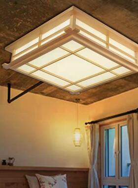 原木色木艺方形吸顶灯 创意简约欧式卧室书房LED无极调光护眼灯