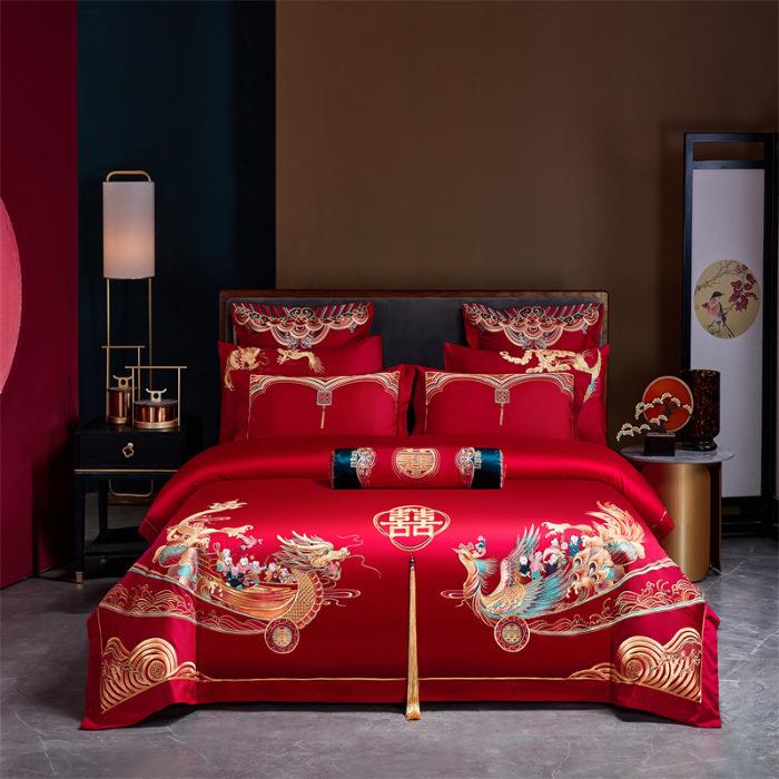 新中式龙凤刺绣大红色婚庆四件套纯棉全棉床单被套陪嫁结婚六件套