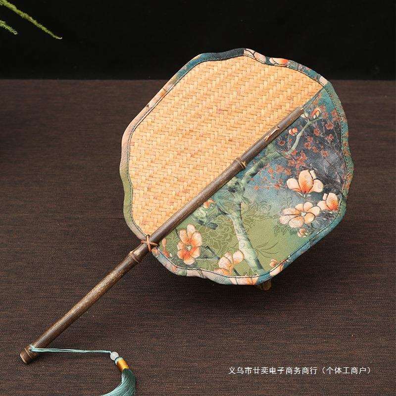 紫竹手工缎面竹编扇子大扇复古绣花团扇古风加厚宣纸扇扇蒲扇青蓖