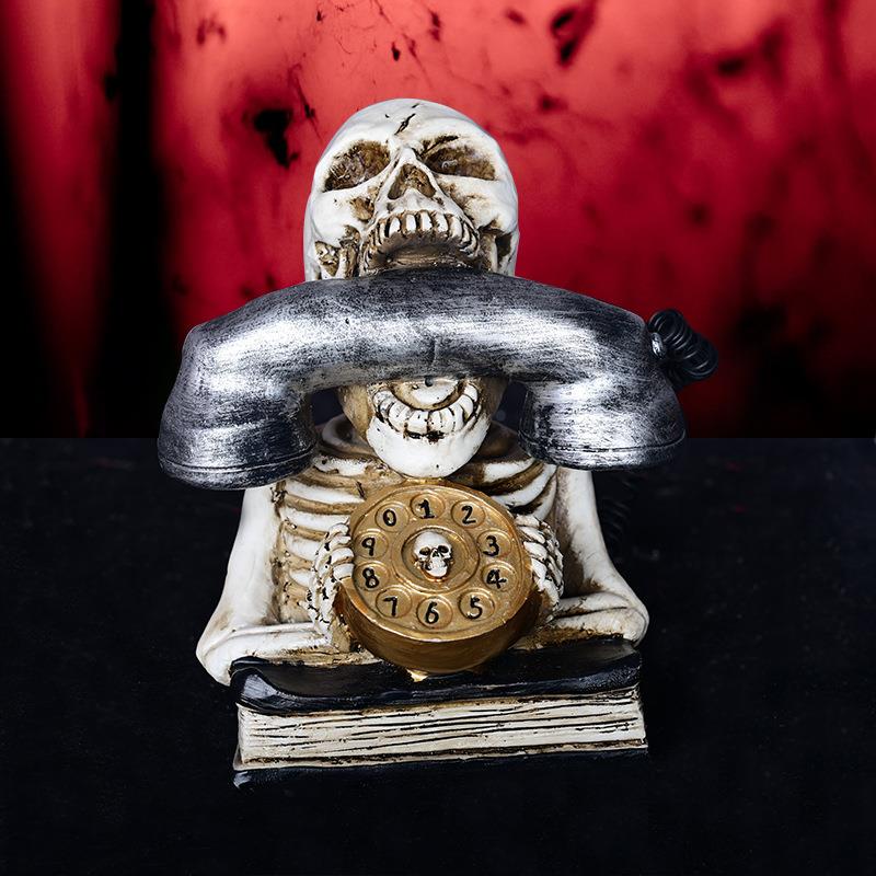 万圣节道具发光骷髅电话机复古怀旧模型电影拍摄酒吧桌面摆件装饰