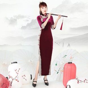 【唐梦语】新款旗袍长款带花边旗袍单层旗袍