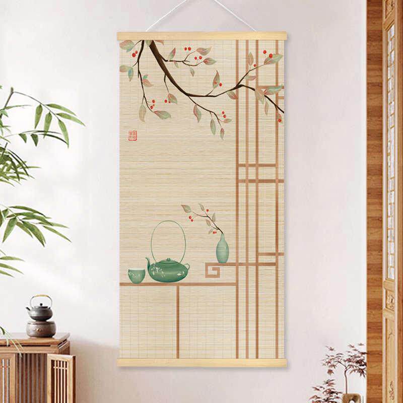 新中式竹帘挂画茶室办公室竹艺卷轴装饰画玄关走廊餐厅进门竹帘画