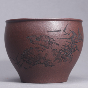 紫云堂宜兴原矿紫砂手工杯刻绘清趣杯老紫泥品茗杯功夫茶杯主人杯
