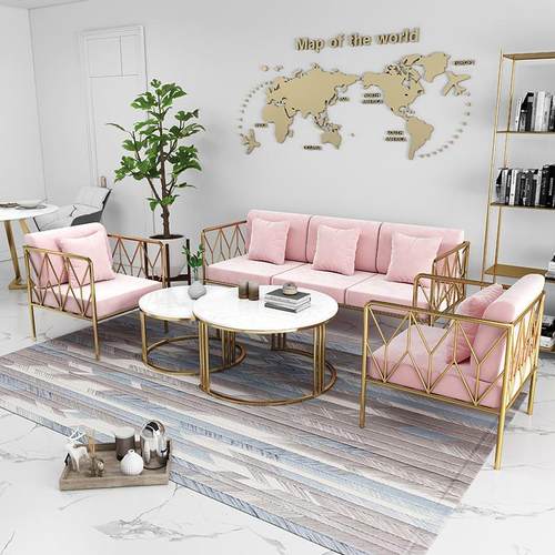 北欧简约布艺沙发 ins风服装店粉色沙发椅 小户型民宿客厅沙发椅