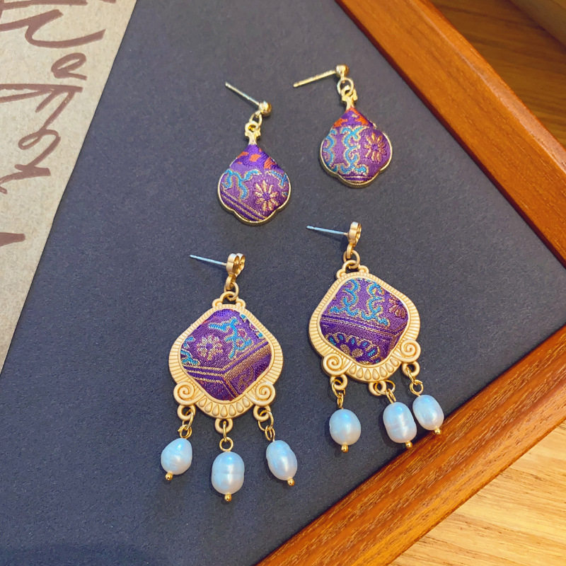 【成品】紫八达运真丝宋锦耳钉925银手工新中式珍珠耳环国风礼物,饰品/流行首饰/时尚饰品新,耳钉,淘宝优惠券,粉丝福利购,淘宝优惠卷