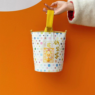 东魅五路有钱花钱袋子帆布包景区文创包2025春款新款白三彩水桶包