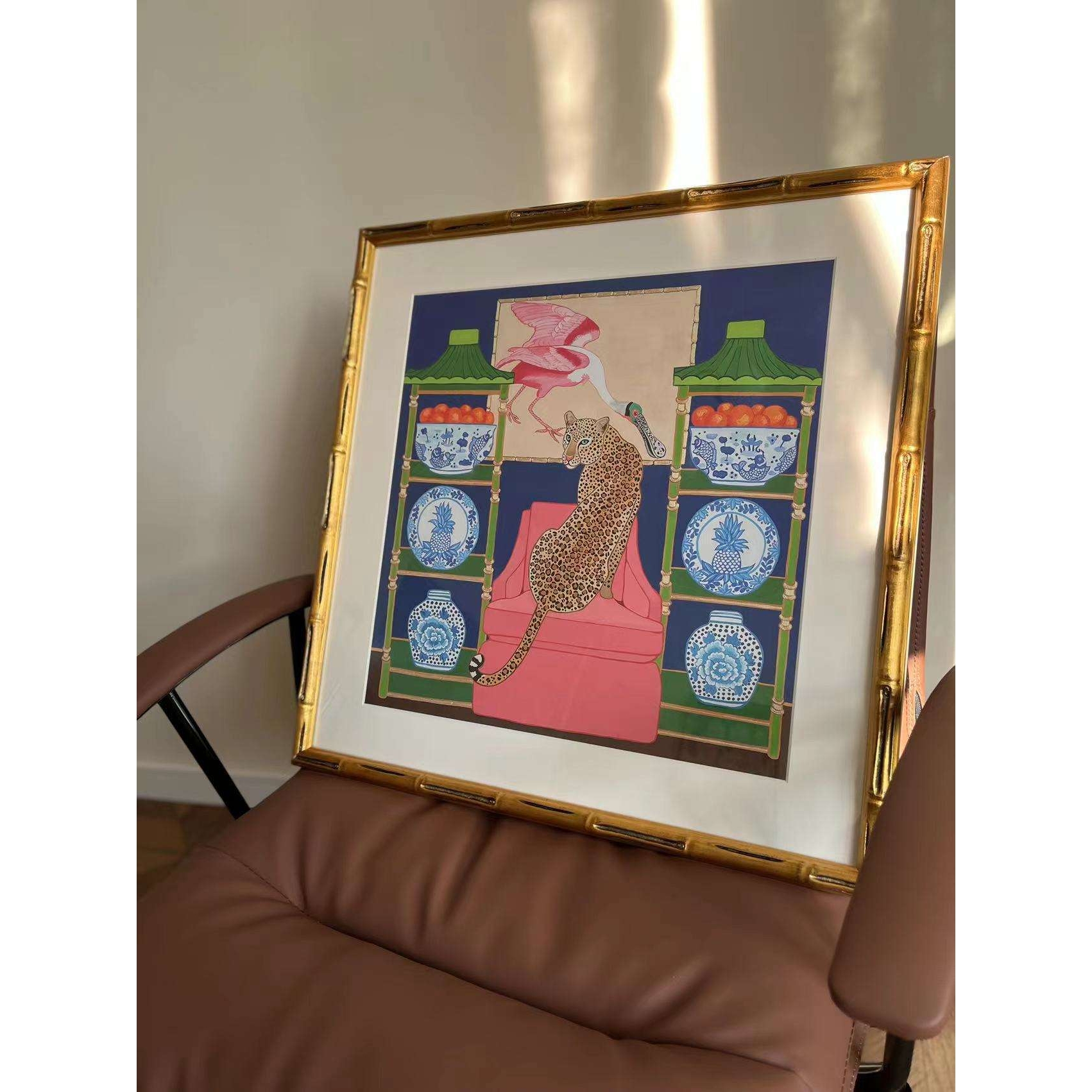 法式中国风青花瓷豹挂画美式复古小众艺术客厅装饰画餐厅玄关壁画图片