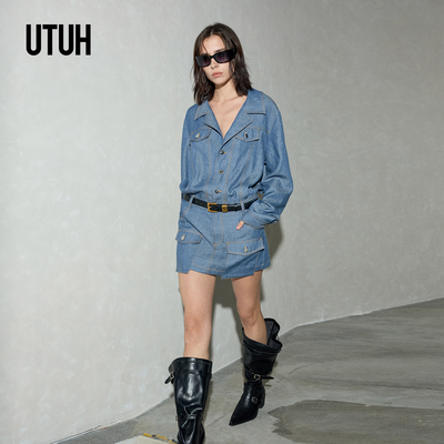 蓝色美式复古牛仔收腰连衣裙