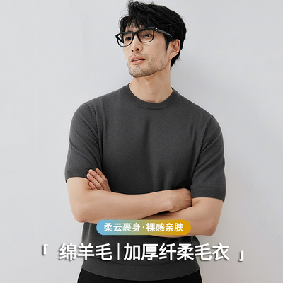 轻奢短袖毛衣男2025新款秋冬商务休闲羊毛衫针织衫加厚圆领打底衫