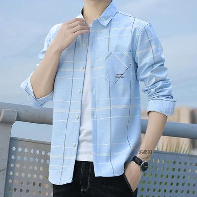 拓丽雅春季男长袖高档衬衫韩版帅气百搭口袋格子衬衣商务寸衫外套