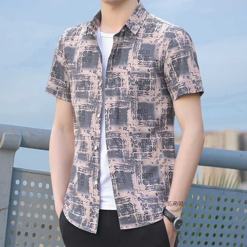 拓丽雅冰丝衬衫上衣男士休闲夏季潮流印花时尚百搭修身商务帅气衫