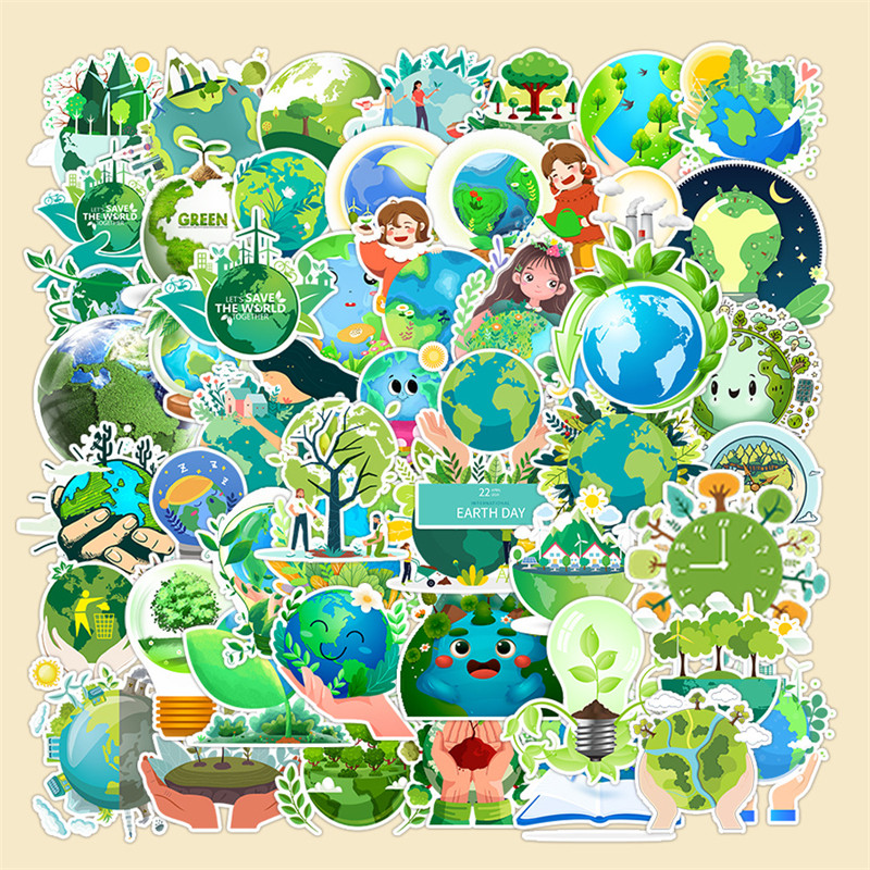 50张绿色生态环保爱护地球卡通教室装扮贴纸装饰笔记本头盔文具手账保温杯吉他衣柜收纳箱拉杆箱贴纸防水pvc