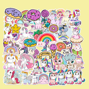 50张梦幻卡通独角兽七彩动画涂鸦贴纸儿童奖励装饰笔记本头盔手账本保温杯吉他衣柜收纳箱拉杆箱贴纸防水pvc