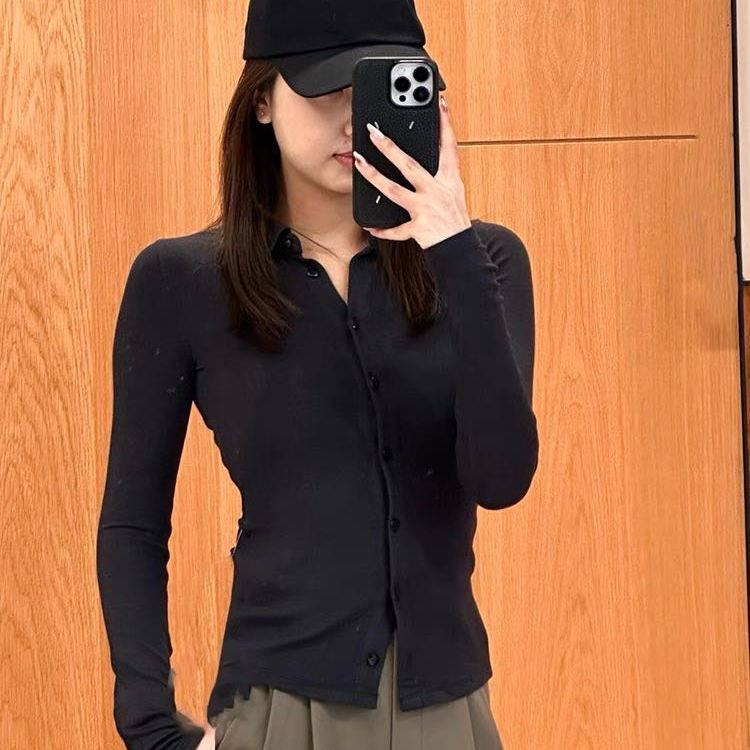 lulu  女士紧身排扣polo领女士紧身剪裁带领长袖衬衫