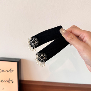 新中式发夹珍珠流苏植绒发卡国风方形黑植绒边夹汉服发饰蒙古头饰