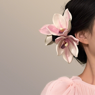 纯欲风粉色郁金香发夹侧边抓夹头花仿真花朵发卡头饰海边拍照发饰