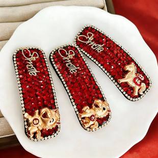 2026马年红色精致水钻发夹女新年气质边夹头饰女孩儿童刘海夹发卡