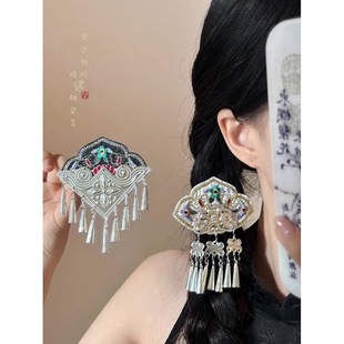少女风新中式刺绣银色流苏发夹后压发夹女古风民族风侧边夹发饰品