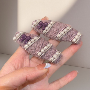 秋冬新款毛呢珍珠发夹女高级感侧边夹子刘海夹后脑勺发卡头饰