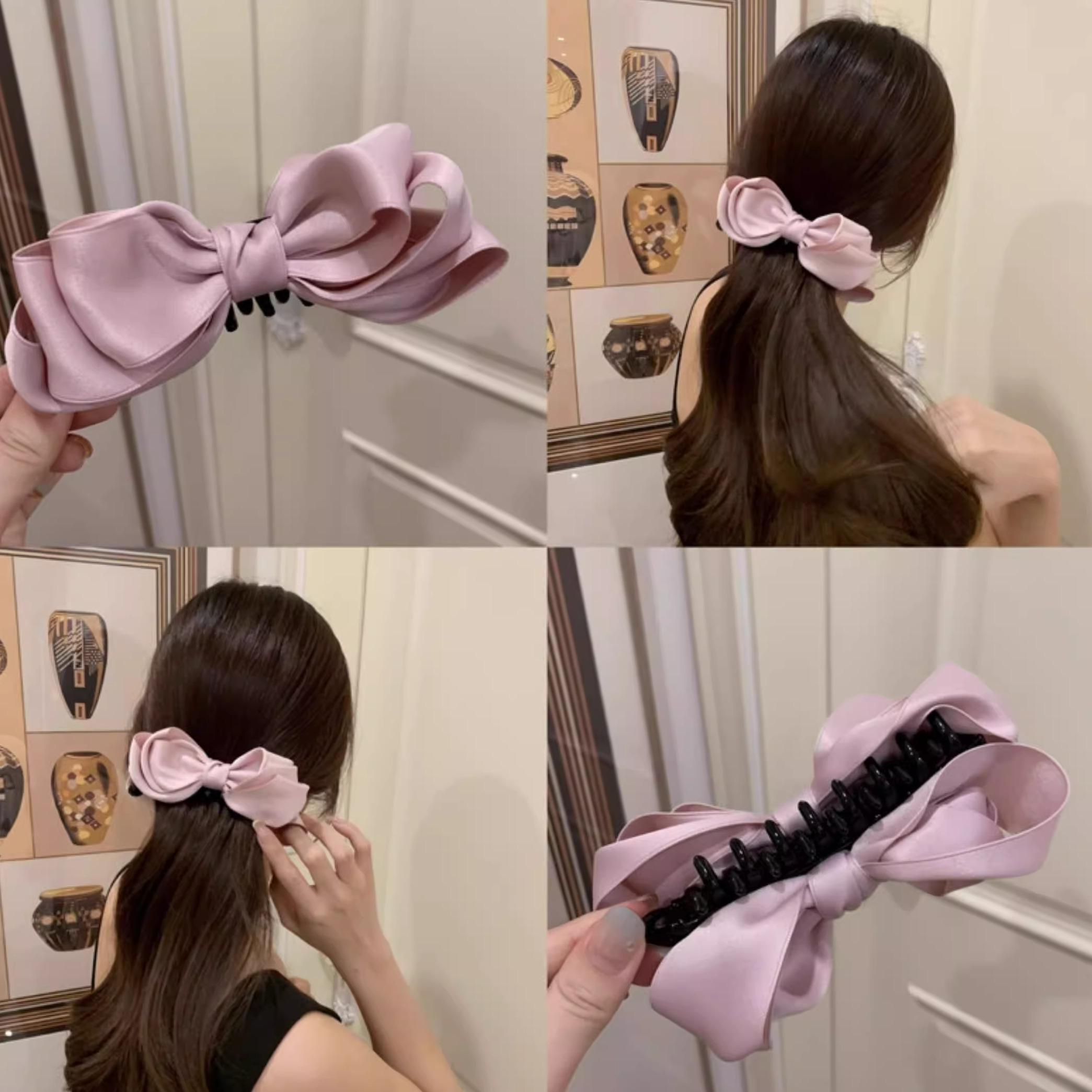 韩国双面粉色立体缎面蝴蝶结香蕉夹芭蕾风后脑勺马尾盘发竖夹头饰